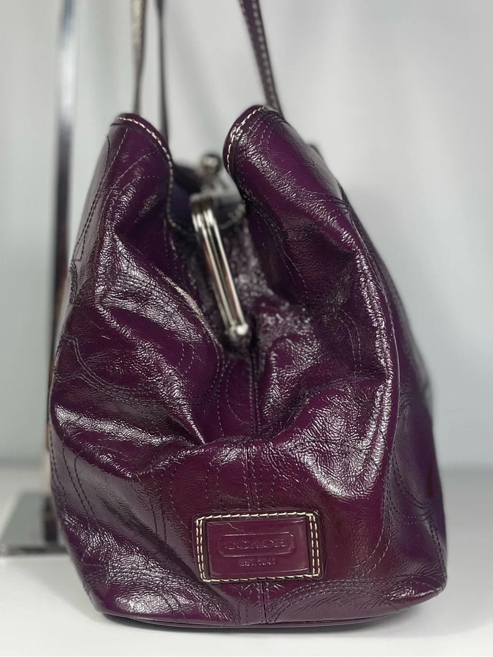 Coach Signature Stitch Plum Patent Leather Kiss-lock Carryall Y2K
